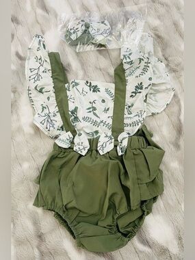 pop Olive Green and White Floral Baby One-Piece Romper